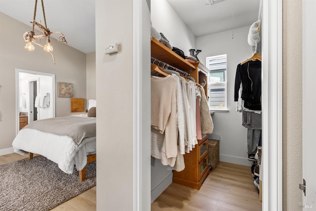 spacious closet featuring attic access and light wood-type flooring