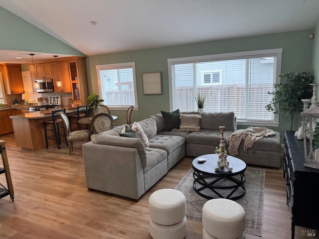 living area with lofted ceiling and light wood-style floors