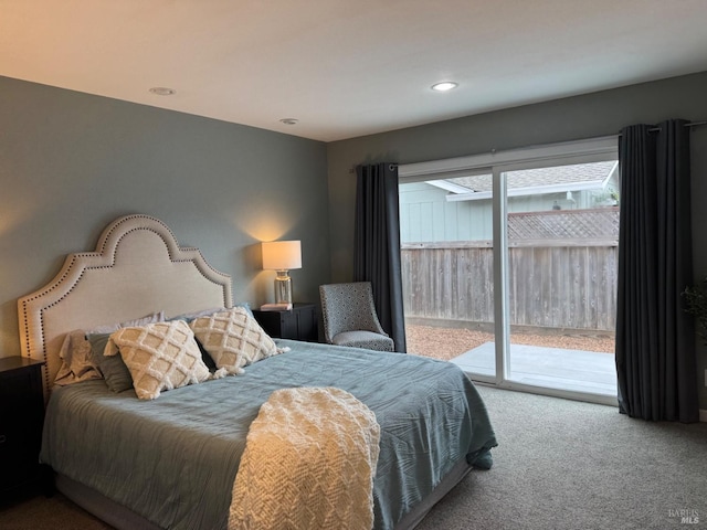 carpeted bedroom with access to outside, multiple windows, and recessed lighting