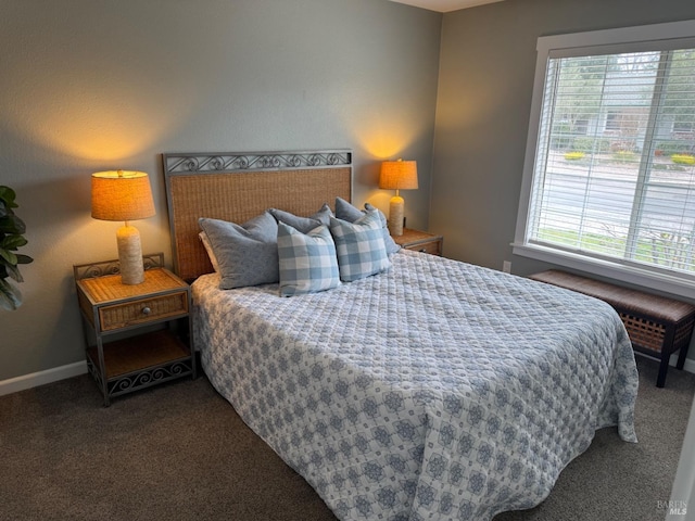 bedroom featuring multiple windows, carpet floors, and baseboards