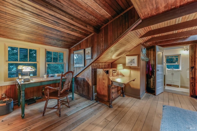 home office featuring hardwood / wood-style flooring, wood ceiling, and wood walls