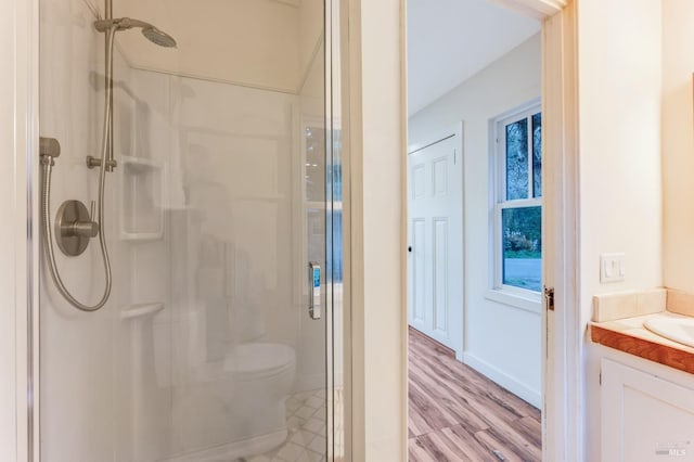 full bathroom featuring a stall shower, vanity, toilet, and wood finished floors