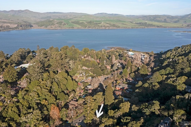 birds eye view of property with a water and mountain view