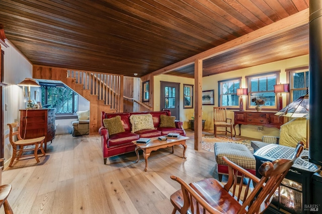 living room with wood ceiling, stairway, and hardwood / wood-style flooring