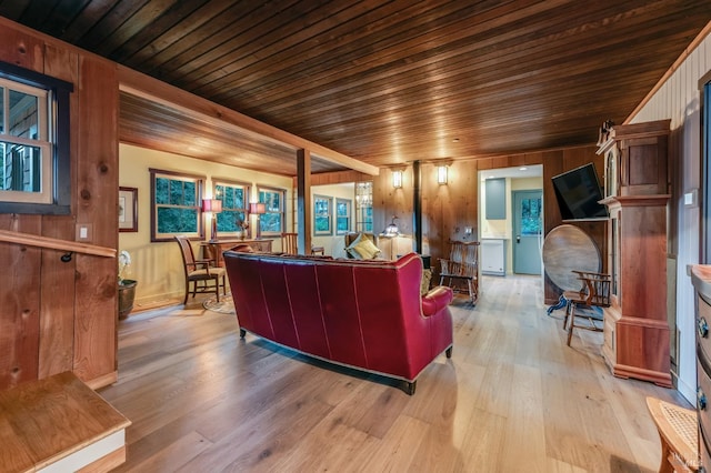 living area with wooden ceiling, wooden walls, and wood finished floors