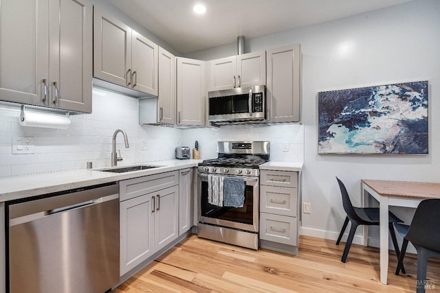 kitchen featuring light wood finished floors, decorative backsplash, gray cabinetry, appliances with stainless steel finishes, and a sink