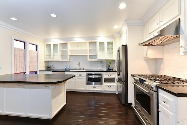 kitchen with dark countertops, under cabinet range hood, and stainless steel appliances