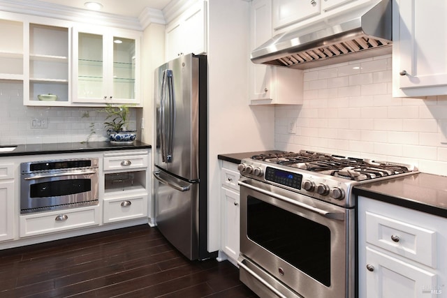 kitchen with dark countertops, under cabinet range hood, dark wood-style floors, and appliances with stainless steel finishes