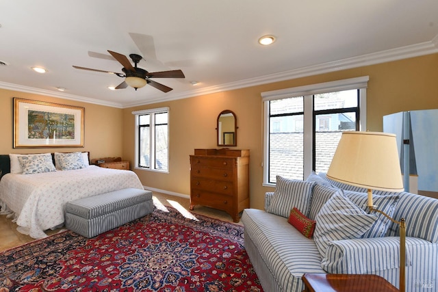 carpeted bedroom with baseboards, multiple windows, and ornamental molding