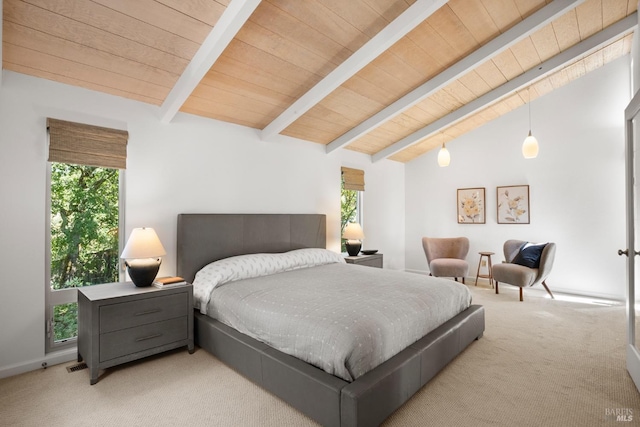 carpeted bedroom featuring lofted ceiling with beams, wooden ceiling, and visible vents