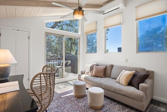 living room featuring a ceiling fan, lofted ceiling with beams, wooden ceiling, wood finished floors, and an AC wall unit