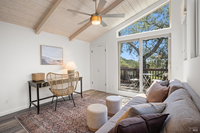 home office with lofted ceiling with beams, ceiling fan, wood finished floors, wooden ceiling, and baseboards