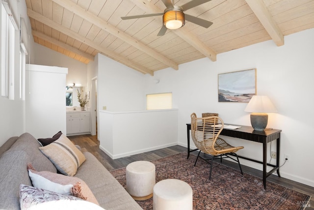 home office with vaulted ceiling with beams, wood finished floors, wood ceiling, and a healthy amount of sunlight