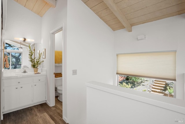 bathroom with lofted ceiling with beams, wooden ceiling, and a healthy amount of sunlight