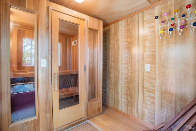 view of sauna with wood finished floors