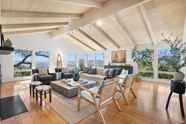 living area featuring wooden ceiling, beamed ceiling, rail lighting, light wood-type flooring, and high vaulted ceiling