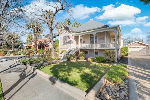 view of front of property with a detached garage, stairway, a front yard, covered porch, and an outdoor structure