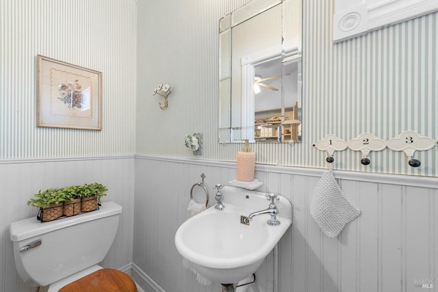 bathroom featuring wainscoting, toilet, and a sink