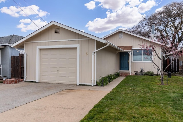 single story home featuring a garage, driveway, a front yard, and fence