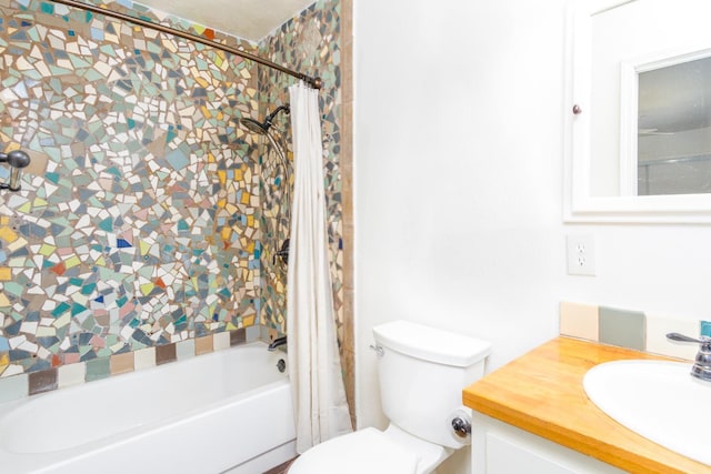 bathroom featuring shower / bath combination with curtain, toilet, and vanity