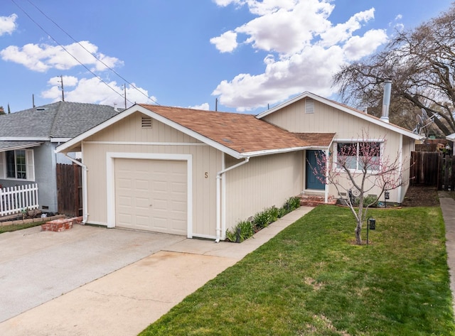 ranch-style house with a front yard, fence, driveway, roof with shingles, and an attached garage