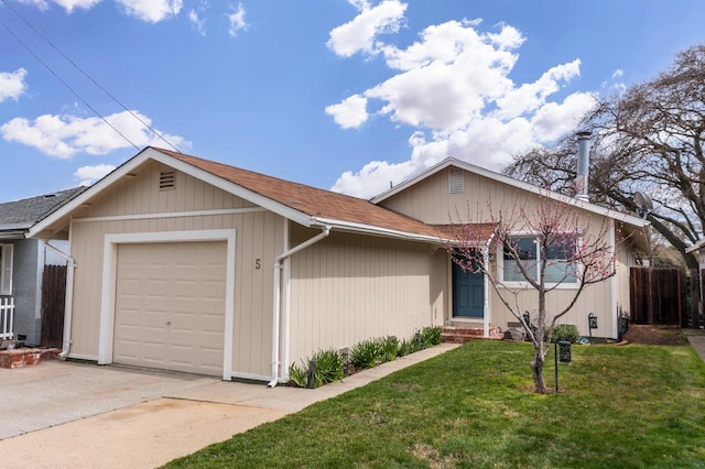 ranch-style house featuring driveway, entry steps, fence, a front yard, and a garage