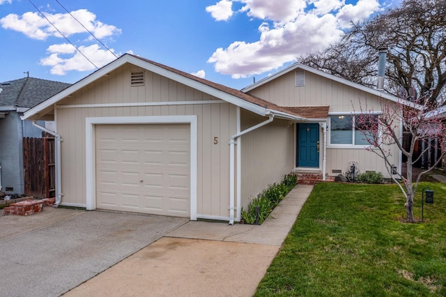 ranch-style home with a front yard, fence, driveway, an attached garage, and a shingled roof