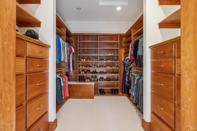 spacious closet featuring light carpet