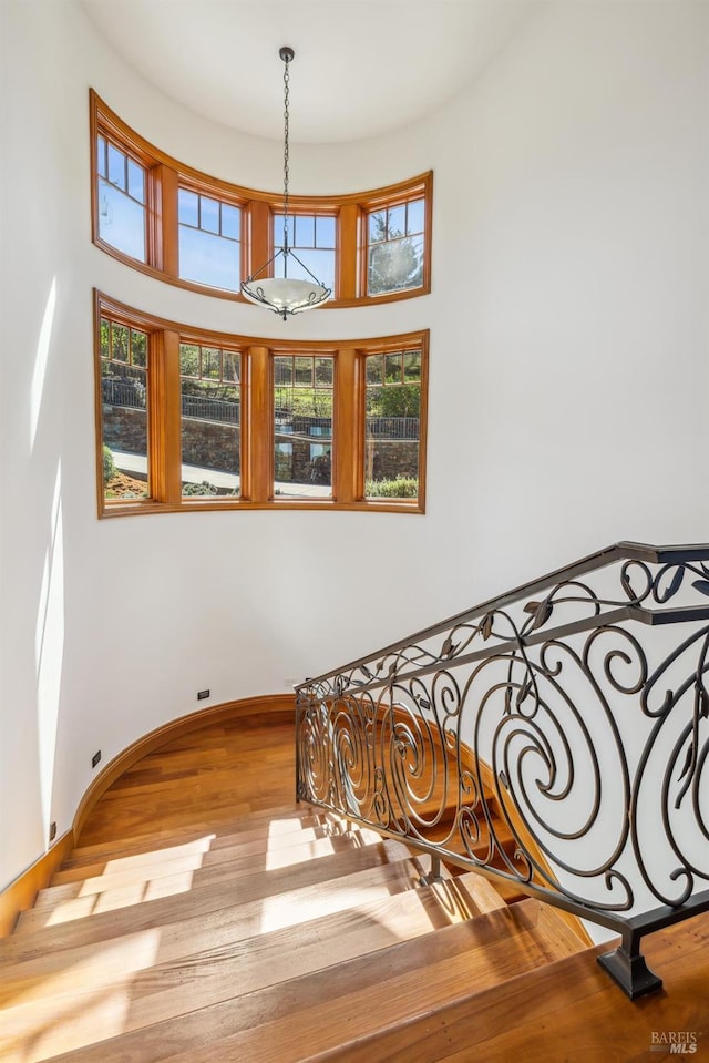 staircase with baseboards and wood finished floors