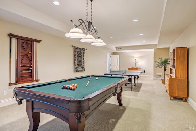 game room featuring recessed lighting, light colored carpet, billiards, visible vents, and baseboards