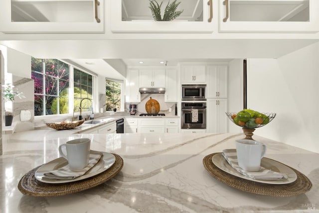 kitchen with stainless steel appliances, a sink, white cabinetry, and under cabinet range hood