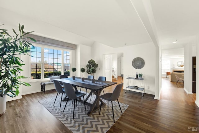 dining area featuring baseboards and dark wood-type flooring