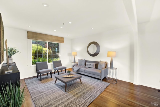 living room featuring baseboards, wood finished floors, and recessed lighting