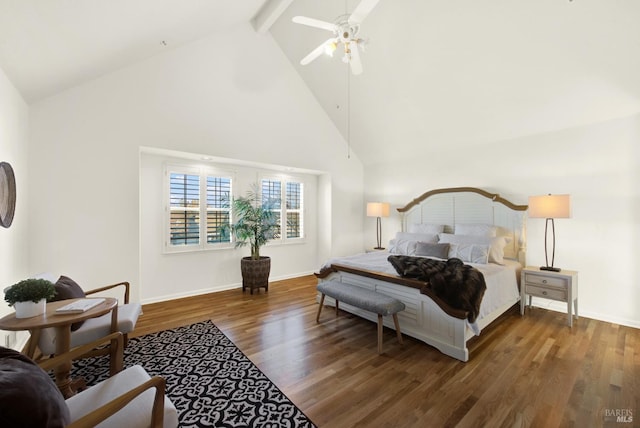 bedroom with baseboards, a ceiling fan, wood finished floors, beamed ceiling, and high vaulted ceiling