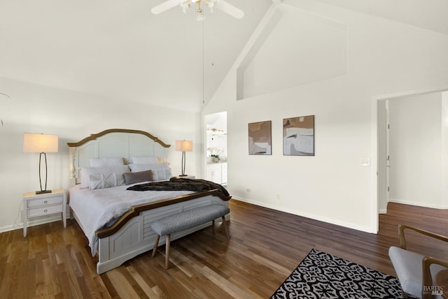 bedroom with high vaulted ceiling, wood finished floors, a ceiling fan, and baseboards