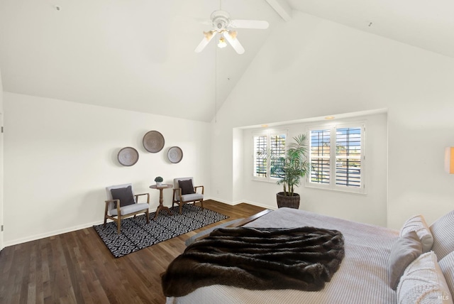 bedroom with baseboards, beam ceiling, high vaulted ceiling, and wood finished floors