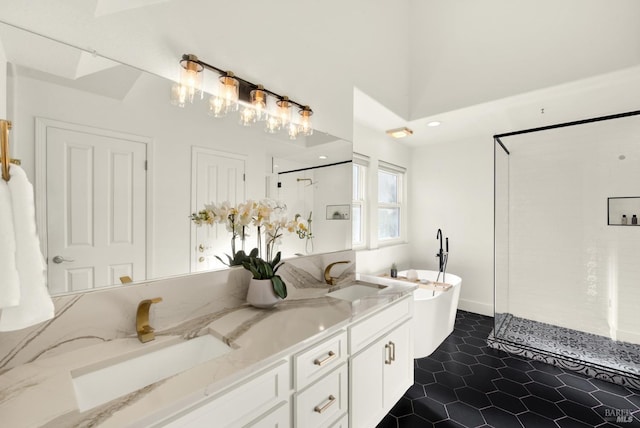 bathroom featuring double vanity, a stall shower, a freestanding tub, and a sink