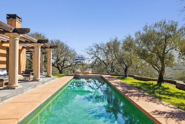 outdoor pool with a patio area and a pergola