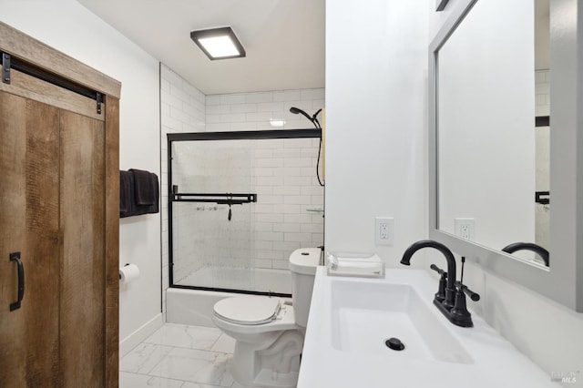 bathroom with toilet, enclosed tub / shower combo, marble finish floor, and vanity