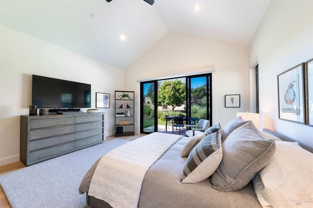 3878 Horizon View Way, Santa Rosa, CA 95404 - bedroom with high vaulted ceiling, access to outside, wood finished floors, and baseboards