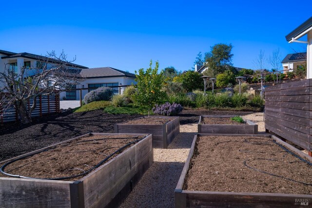 view of yard featuring fence and a garden