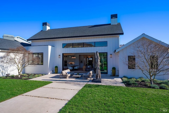 3878 Horizon View Way, Santa Rosa, CA 95404 - rear view of house featuring a chimney, a patio area, a lawn, and a shingled roof