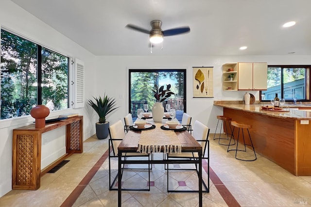 dining room with recessed lighting, visible vents, a ceiling fan, light tile patterned flooring, and baseboards