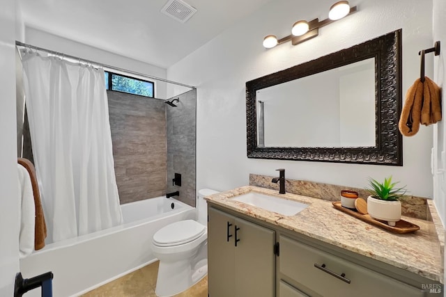 bathroom with toilet, shower / bathtub combination with curtain, visible vents, and vanity