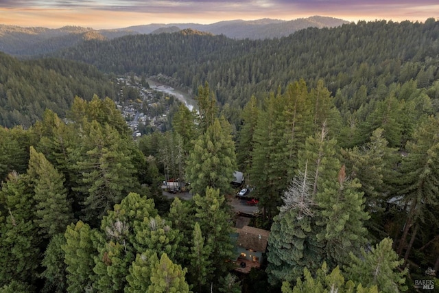 aerial view at dusk with a mountain view and a wooded view