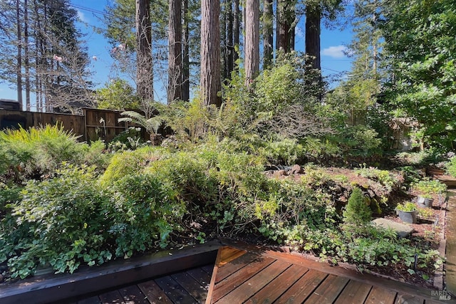 wooden terrace featuring fence