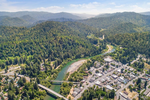 bird's eye view with a wooded view and a water and mountain view