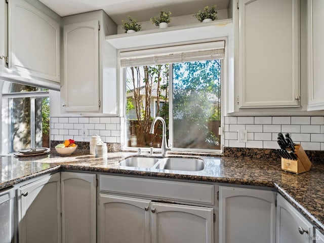 kitchen featuring dark stone counters, dishwasher, decorative backsplash, white cabinetry, and a sink