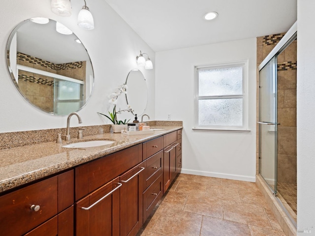 2108 Imola Ave Unit A, Napa, CA 94559 - full bath featuring a shower stall, double vanity, recessed lighting, baseboards, and tile patterned floors