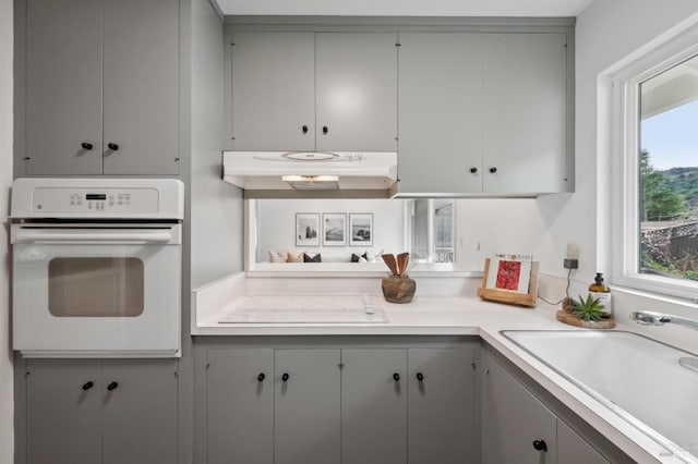 kitchen featuring white appliances, under cabinet range hood, a sink, and gray cabinetry